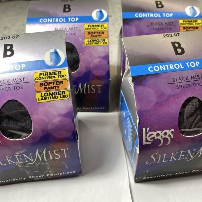 Leggs SilkenMist Control Top Sheer Pantyhose Size B Black Mist 4 Boxes NEW