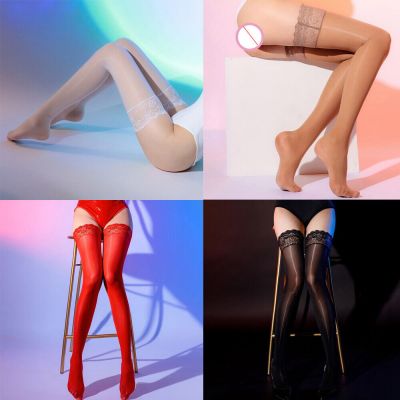 Lady's Sexy Lace Thigh High Stockings Oil Glossy Hosiery Fashion Knee Long Socks