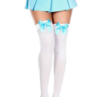 White Stockings Thigh Highs w/ Blue Satin Bows Seamless Opaque Nylons