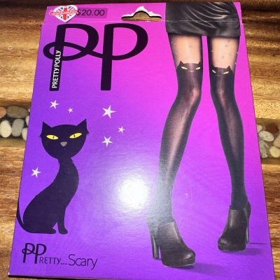 NEW Pretty Polly Black Cat Tights Blacks One Size Fits Most- To 160lbs & 5'10