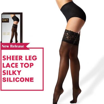 Thigh High Stockings with Silicone - 15D Sheer Lace Top Nylon Stay up Pantyhose