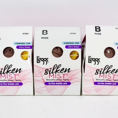 3 L'eggs Silken Mist Control Top Ultra Sheer Run Resistant Pantyhose NUDE Size B