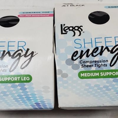 2 L'eggs Silken Mist Control Top Sheer Q+/Sheer Energy JET BLACK Tight B