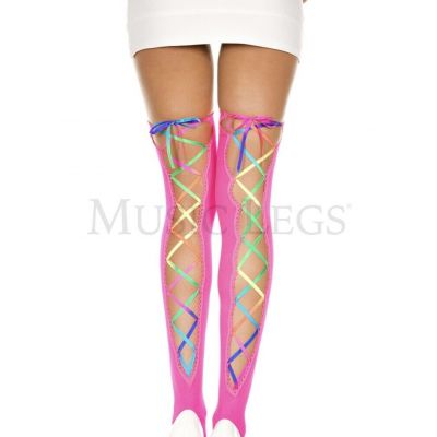 Rainbow Lace up Ribbon Tigh High Stockings PRIDE Ravewear Dancewear Knee Highs
