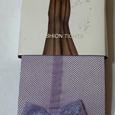 NEW JESSICA SIMPSON FISHNET LAVENDER BACK STRIPE BOW FOOTLESS TIGHTS  S/M