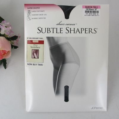 JC Penney Sheer Caress Subtle Shapers Girdle Top Pantyhose Queen-Tall, Off Black
