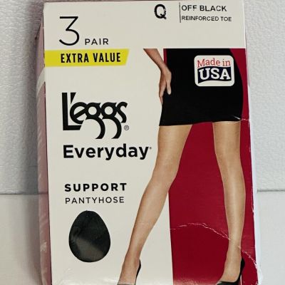 L'EGGS Everyday Support Reinforced Toe Pantyhose 3 Pair Size Q OFF BLACK