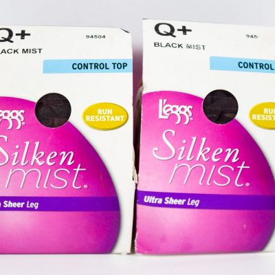 2 L'eggs Silken Mist Control Top Ultra Sheer Run Resistant BLACK MIST Tight Q+