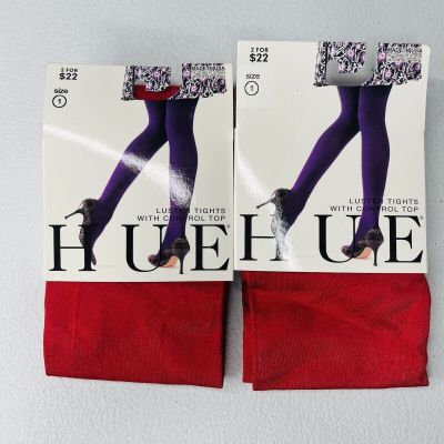NWT HUE Womens Luster Tights Control Top 2 Pair Size 1 Apple Red  Pack New