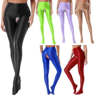 Womens Crotchless High Waist Pantyhose Pants Oil Glossy Footed Tights Lingerie