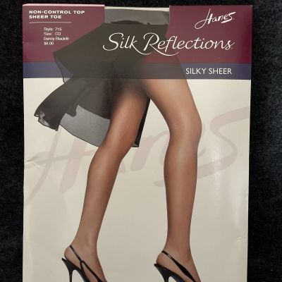 Hanes Silk Reflections Control Top Sheer Toe Pantyhose Size CD #715 Barely Black