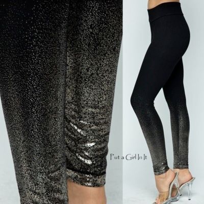 New VOCAL Womens PLUS SIZE SOFT BLACK SILVER FOIL STRETCH LEGGINGS 1X TRUE