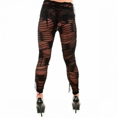 Black Fringe Sheer Leggings Cut out Ripped Sexy Club-wear Fitted Bodycon S M L
