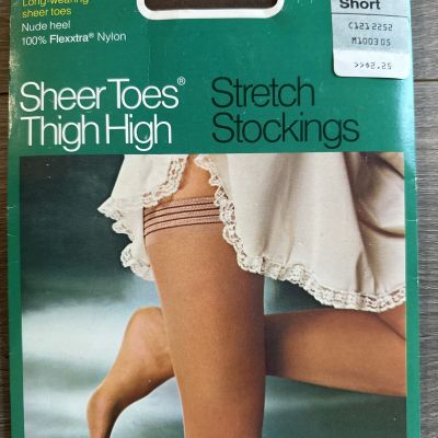 JCPenny Sheer Toes Thigh High Stretch Stockings Seamless Coffebean Short VTG NOS