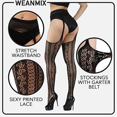 WEANMIX Suspender Garters Fishnet Stockings Lace Patterned Tights High Waist ...