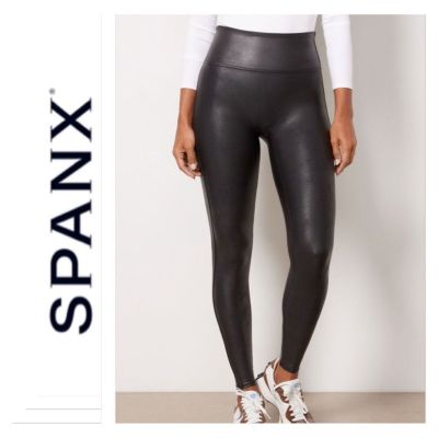 SPANX Faux Leather Leggings Size Medium Shiny Compression Black Power Waistband