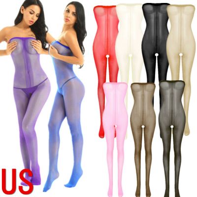 US Women Sheer Crotchless Body Stocking See Through Babydoll Pantyhose Clubwear