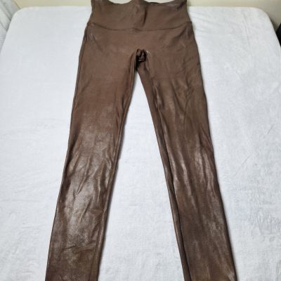 SPANX Faux Leather High Waist Leggings Womens Sz L Brown Shaping Stretch Pull-On