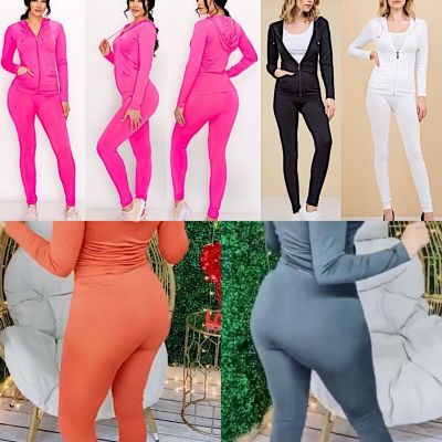 HOT- Women's Plain Solid Color One Size Stretch Hoodie  Leggings Set (8 Colors)