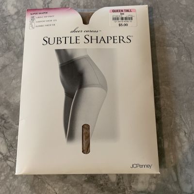 JCPenny Sheer Caress Subtle Shapers Pantyhose Sand Girdle Top Queen Tall
