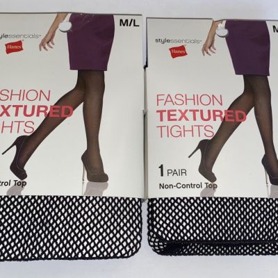 Set of 2 Hanes Fishnet Fashion Textured Tights Black Non-Control Top Size M/L