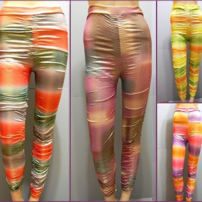 Fashion Leggings Small Medium S M Metallic Shiny Tie Dye Scrunched NEW