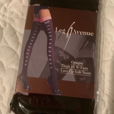 NEW BLACK LEG AVENUE OPAQUE THIGH HIGH with FAUX LACE UP SIDE SEAM - O/S
