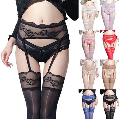 Lace Thigh High Glossy Stockings with Garter Belt for Women Sexy Lingerie Set