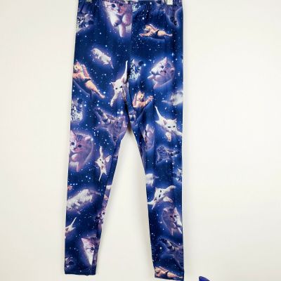 Freeze woman Galaxy Space Flying Cat Blue White Stretch Fitted Leggings Size M