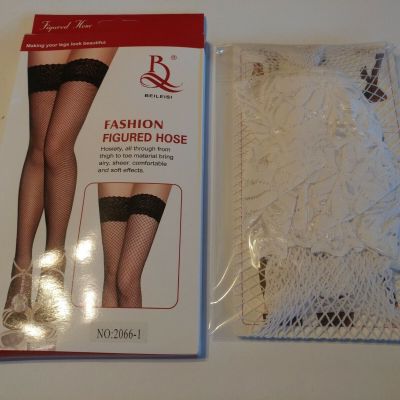 White Fishnet And Lace Stay Up Stockings