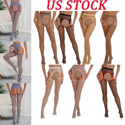 US Women Crotchless Pantyhose Thigh Highs Rise Stocking Glossy Garter Belt Tight