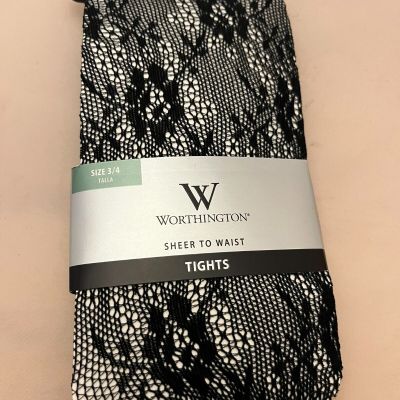 WORTHINGTON SHEER TO WAIST TIGHTS Size 3/4 Black Floral Pattern JC Penny