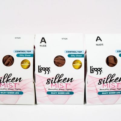 3 L'eggs Silken Mist Control Top Run Resistant Silky Sheer Leg Tights NUDE Sz A