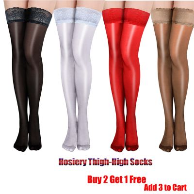 Sexy Lace Oil Shiny Top Stay Up Thigh-High Stockings For Women Costume Pantyhose