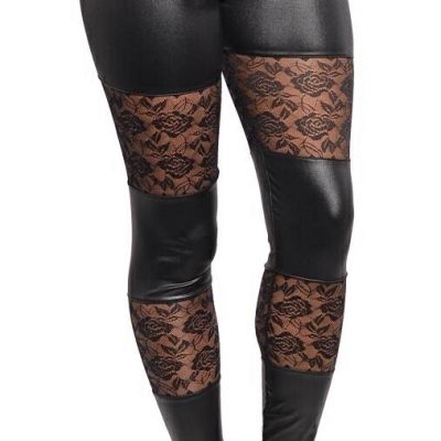 Black Lace Inset Shiny Liquid Leather 'Pleather' Wet Look Leggings Pants S M L
