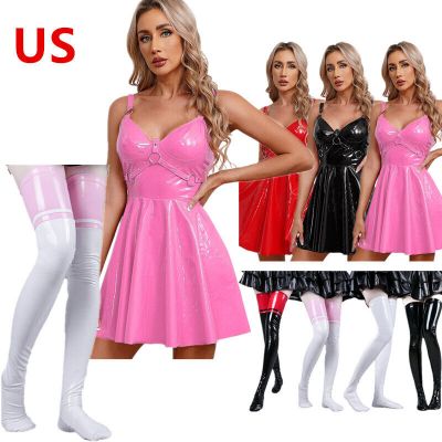Party Cocktail Fancy Dress Women Patent Leather Clothes Sexy Clubwear Stockings