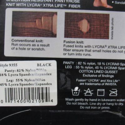 Peds CD Black Run Resistant Pantyhose Smooth Shaping Control Top Ultra Sheer