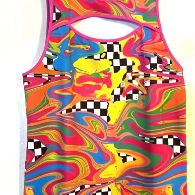 NWOT Brittany Allen MED Peloton Checkered Swirl top Funky Multicolor Race