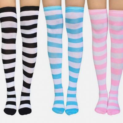 Chalier Thigh High Socks 3 Pack - Women STRIPED Over Knee Stocking Clothes