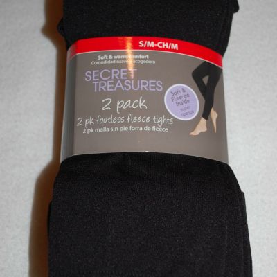 Womens 2 PAIR FOOTLESS TIGHTS Fleece Lined SOLID BLACK Soft & Warm SIZE S-M