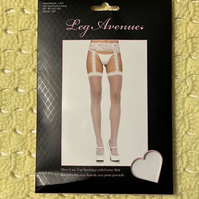 Leg Avenue Stockings Attached Garter White Sheer Lace Top Size 90-160 Lbs Unused