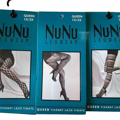 NIB Lot Of 3 Three Nu&Nu Legwear Black Fishnet Lace Tights Queen 1x/2x New Cute