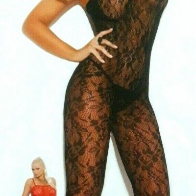 ROSE LACE BODY STOCKINGS CROTCHLESS PLUS & ONE SIZE BLACK OR RED ADULT COSTUME