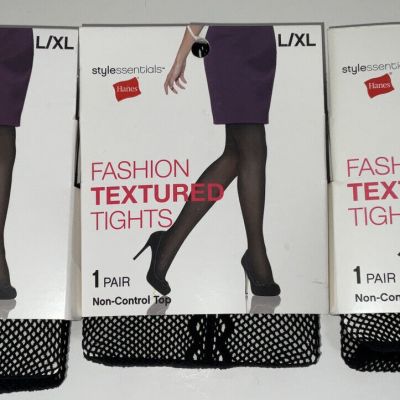 NIP Lot 3 Pairs Hanes Stylessentials Fashion Textured Fishnet Tights Black L/XL