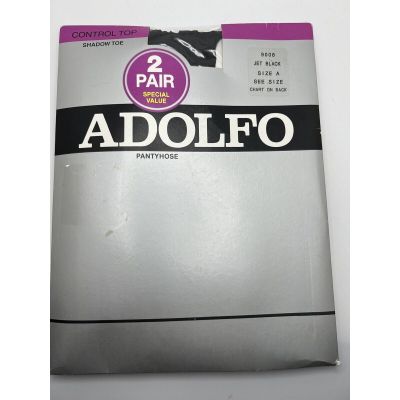 2 Pairs Adolfo Nylon Regular Pantyhose Jet Black, Size A Control Top Shadow Toe