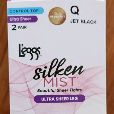 Leggs Silken Mist 10 PAIRS JET BLACK Q Control Top Sheer Pantyhose 10 Denier