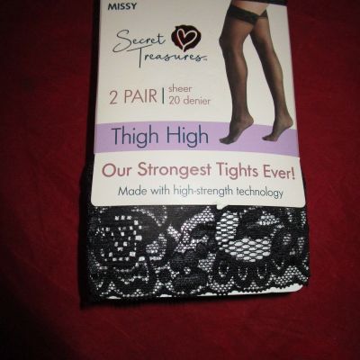 Secret Treasures Women's Thigh High 2 Pack Black Lace Opaque Missy