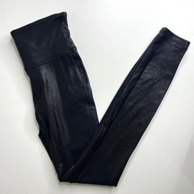 Spanx Faux Leather Leggings Sz Small Black Shiny Stretch High Waisted 2437