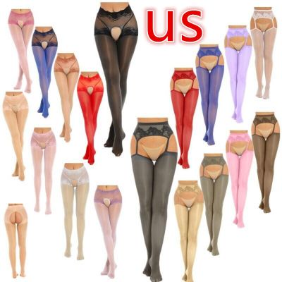 US Women's Oil Silk Sheer High Waist Control Tights Floral Lace Silky Stockings