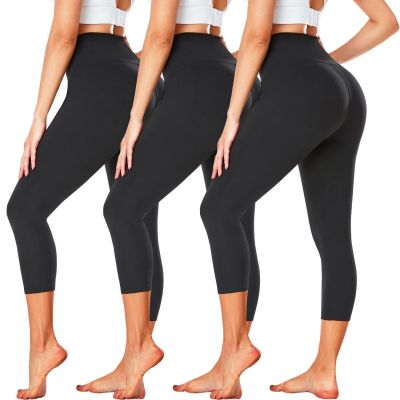 3 Pack Capri Leggings for Women - High Waisted Tummy Control Black Workout Yo...